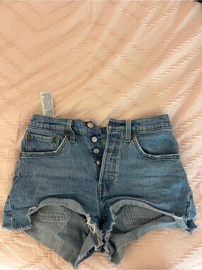 Levi's Light Blue Button-Front Distressed Denim Shorts